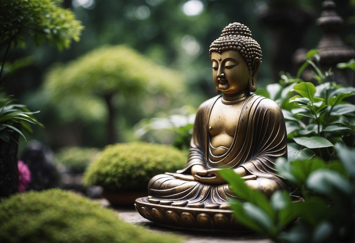 A serene Buddha statue surrounded by lush greenery and traditional oriental garden elements