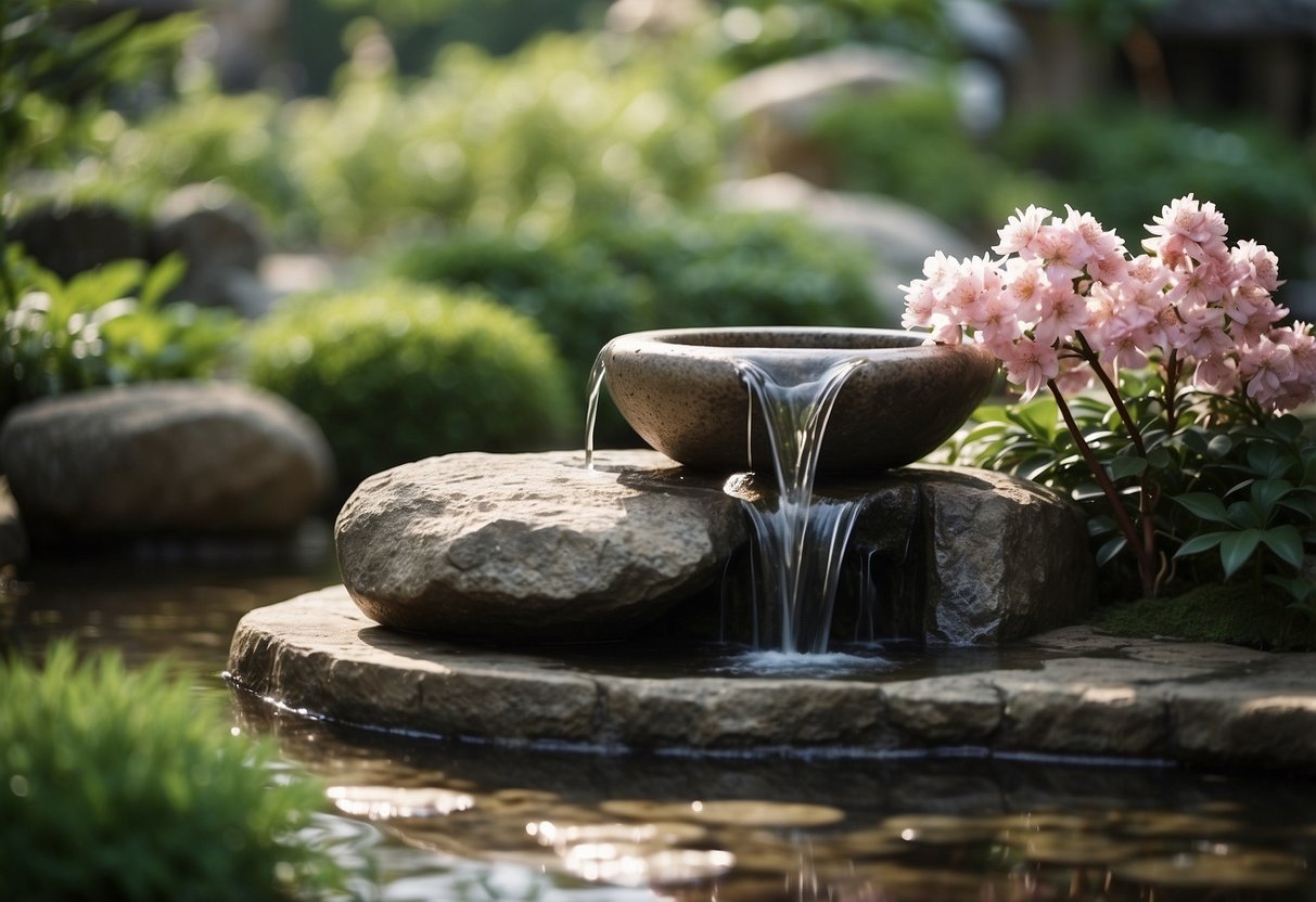 A stone water feature flows gently in an oriental garden, surrounded by lush greenery and delicate blossoms