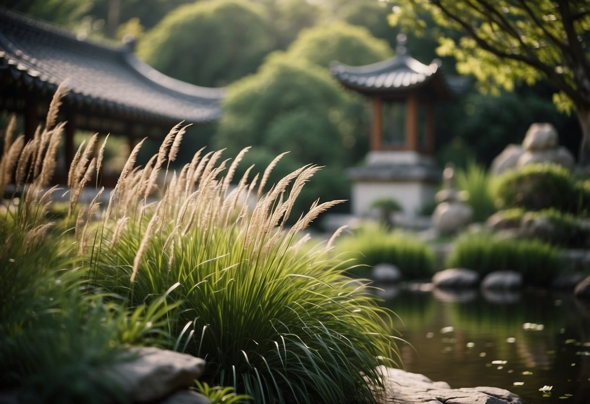 Lush ornamental grasses sway in a tranquil oriental garden, surrounded by stone lanterns and a serene koi pond