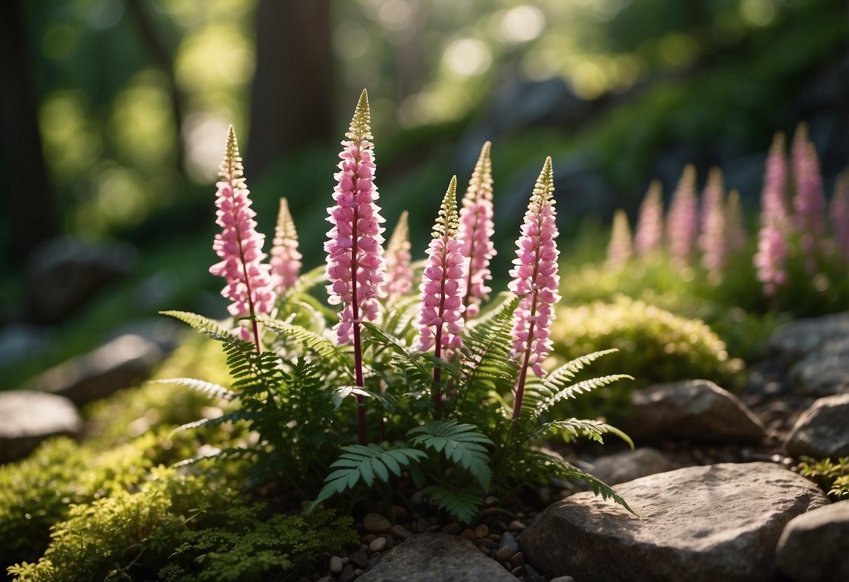 Lush astilbes flourish in a shaded rock garden, surrounded by moss-covered stones and dappled sunlight