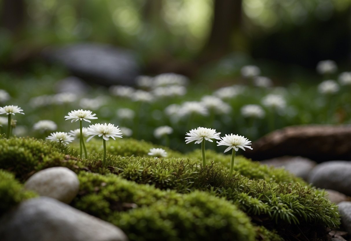 A serene shade garden with foamflower blooms scattered among moss-covered rocks