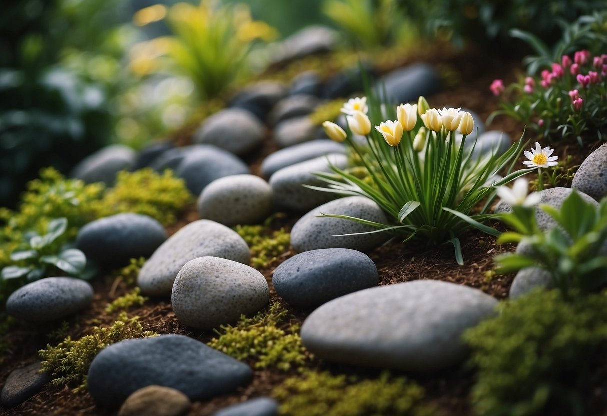 A variety of rocks arranged in a shaded garden, surrounded by lush green plants and delicate flowers