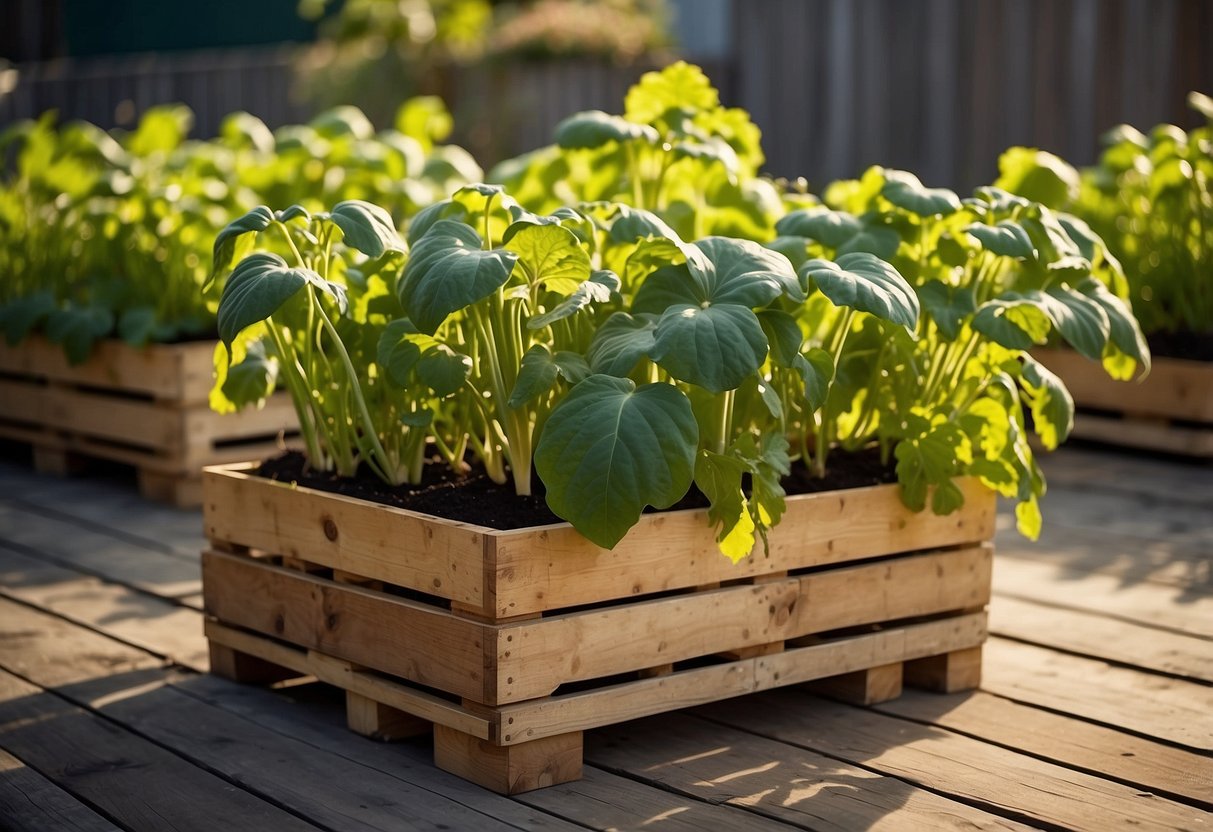 Vibrant squash plants flourish in repurposed pallet planters, arranged in a sunny garden