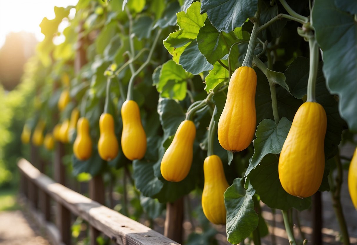 Vibrant squash vines climb wooden trellises in a sun-drenched garden, with plump yellow and green squash hanging from the vines