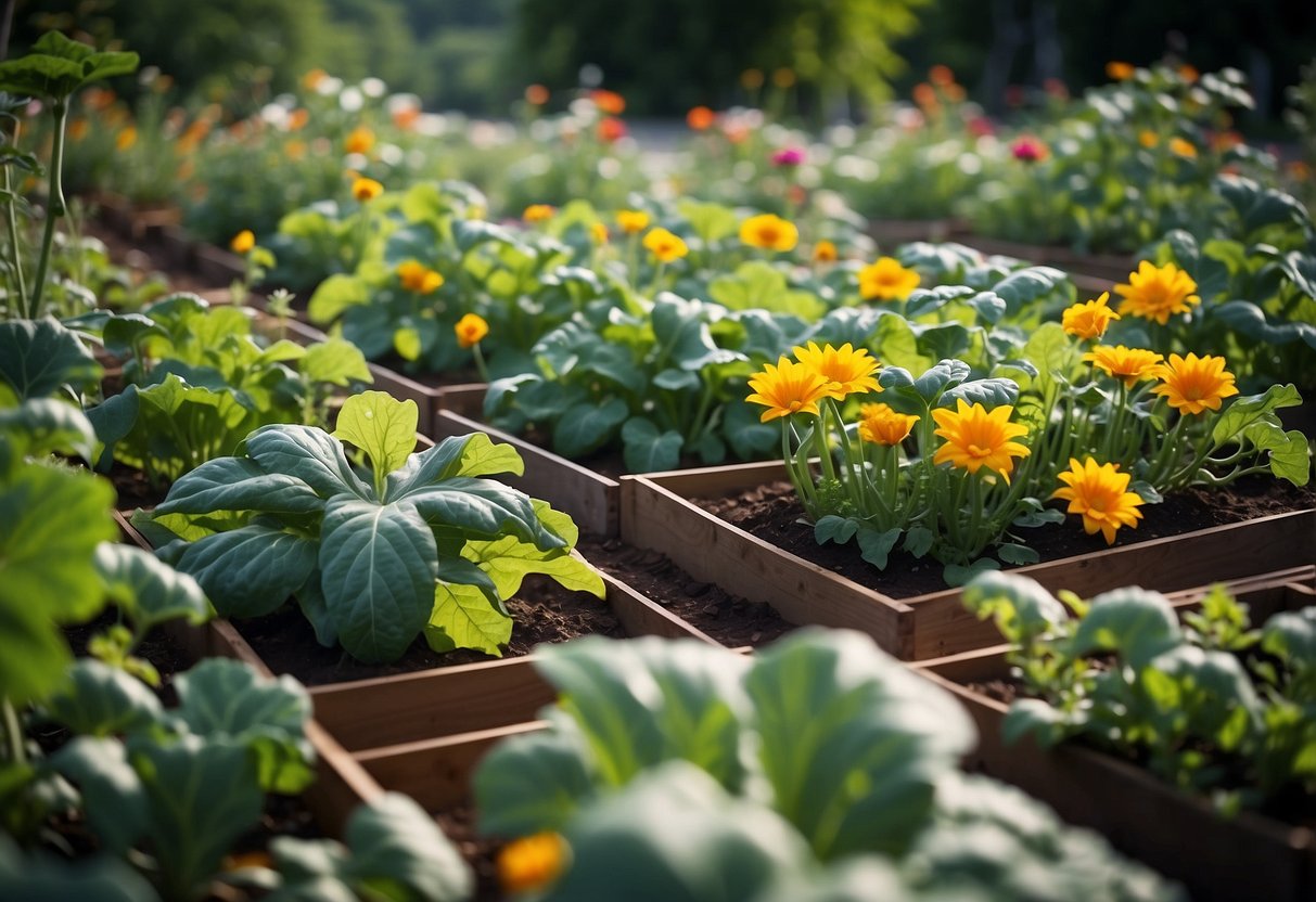 A vibrant raised bed garden filled with flourishing squash plants, surrounded by lush green foliage and colorful flowers