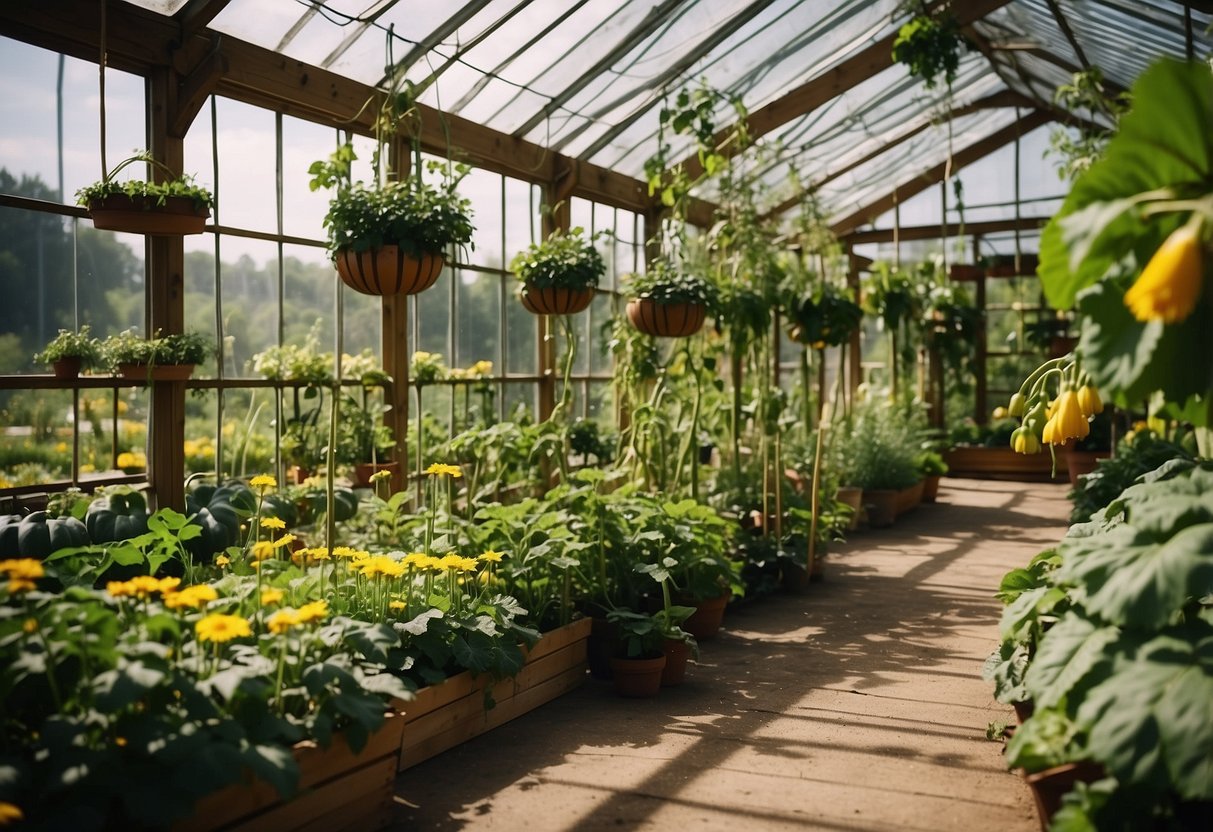 Lush green squash vines climb wooden trellises in a sun-drenched greenhouse, surrounded by vibrant blooms and thriving vegetable plants