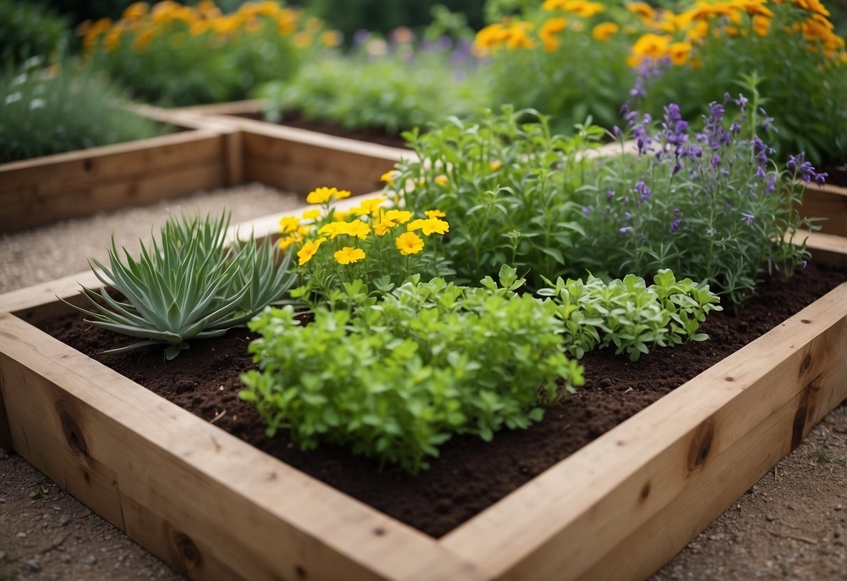 A raised bed filled with various herbs, surrounded by a 10 x 10 garden, with vibrant greenery and colorful flowers