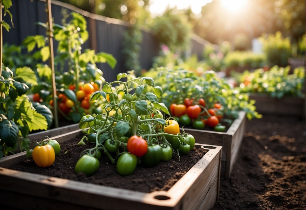 A 10 x 10 container vegetable garden with tomatoes, cucumbers, and peppers growing in raised beds. A trellis supports climbing plants, while a small compost bin sits in the corner