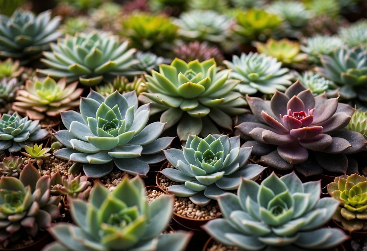 A 10 x 10 garden area filled with a variety of succulents arranged in a visually appealing display. The plants are grouped together in clusters, creating a lush and vibrant scene