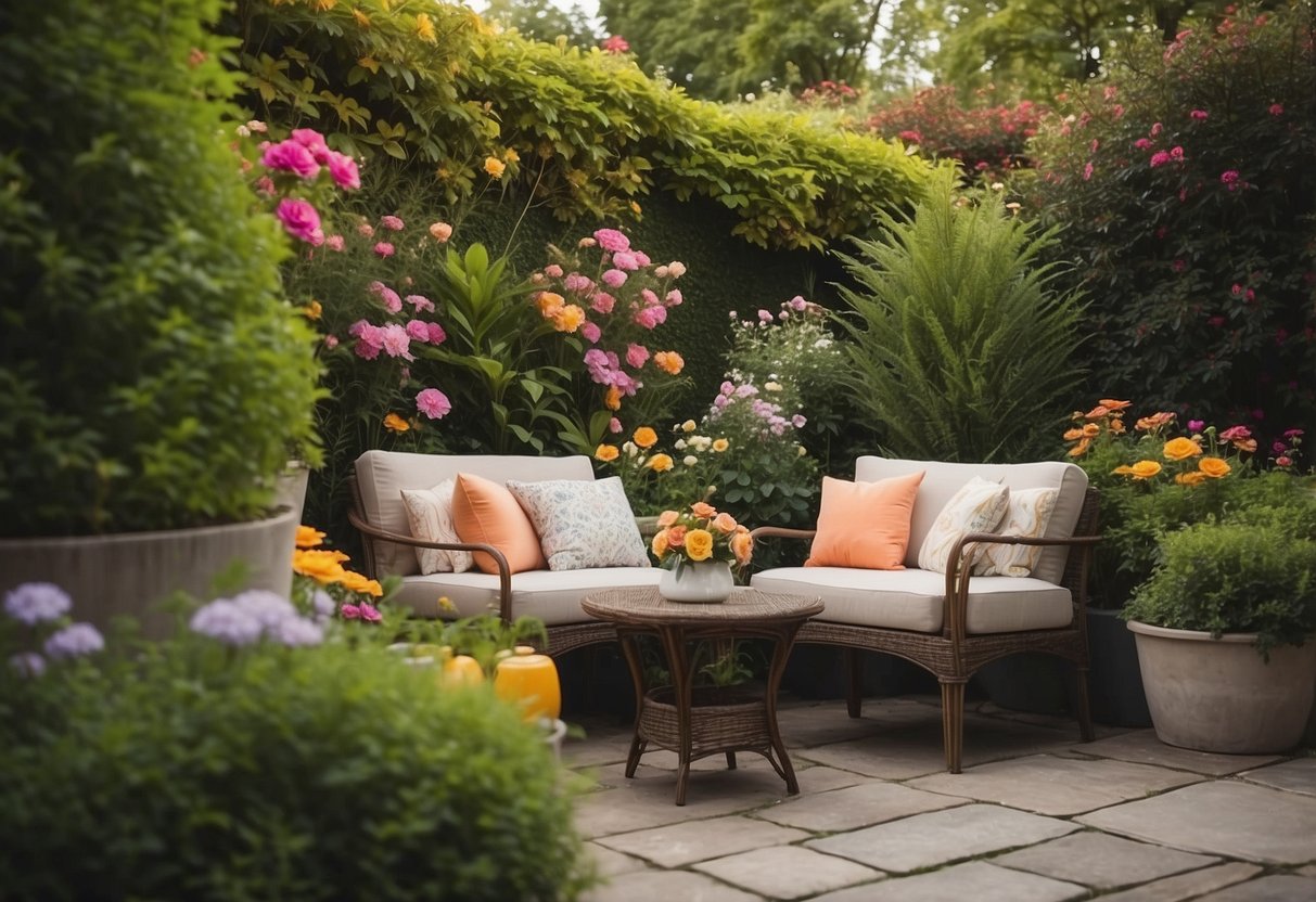 A cozy outdoor seating nook with a 10 x 10 garden, surrounded by lush greenery, colorful flowers, and a small table and chairs for enjoying the peaceful ambiance