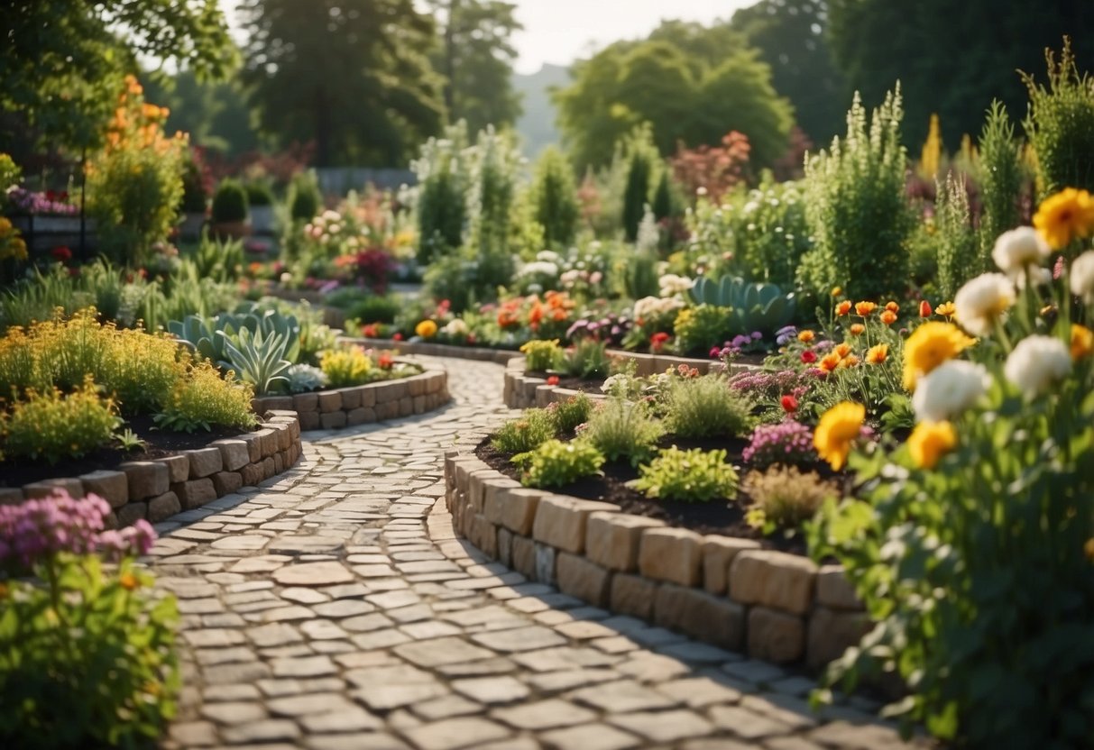 A 10 x 10 garden with neatly arranged raised beds, a winding stone pathway, and a variety of colorful flowers and vegetables growing in harmony