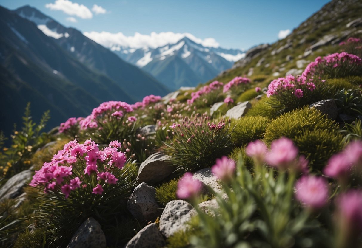 A rocky alpine garden with vibrant pink flowers and lush green foliage, nestled in the shadow of towering snow-capped peaks