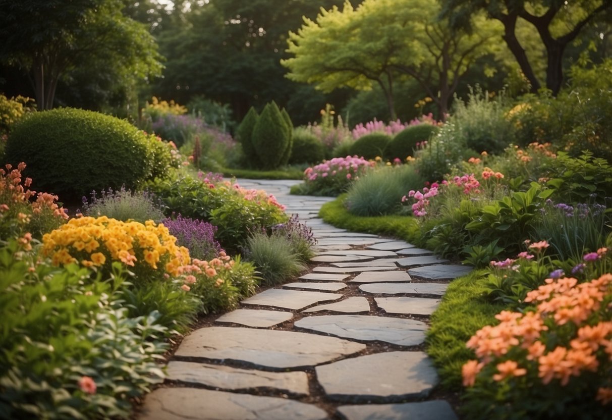 A zigzagging flagstone walk winds through a lush garden, bordered by colorful flowers and shrubs, creating a charming and inviting path