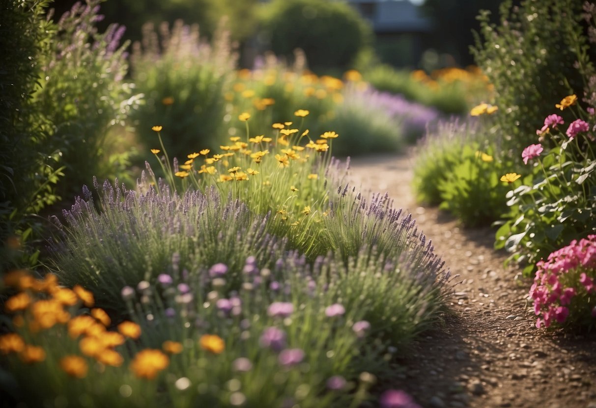 A gravel spiral route winds through a lush garden, bordered by colorful flowers and tall, swaying grasses