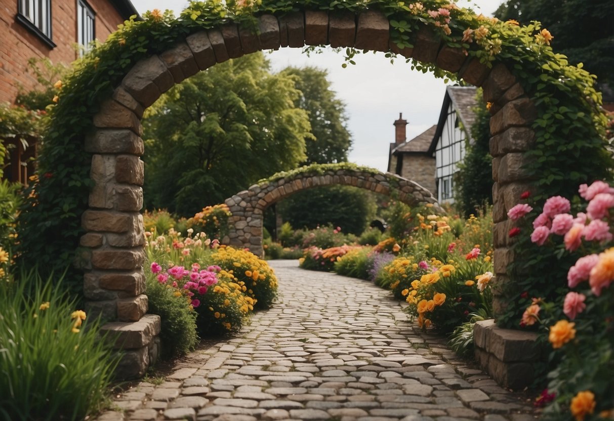 A cobblestone archway leads to a curved garden path lined with vibrant flowers and lush greenery