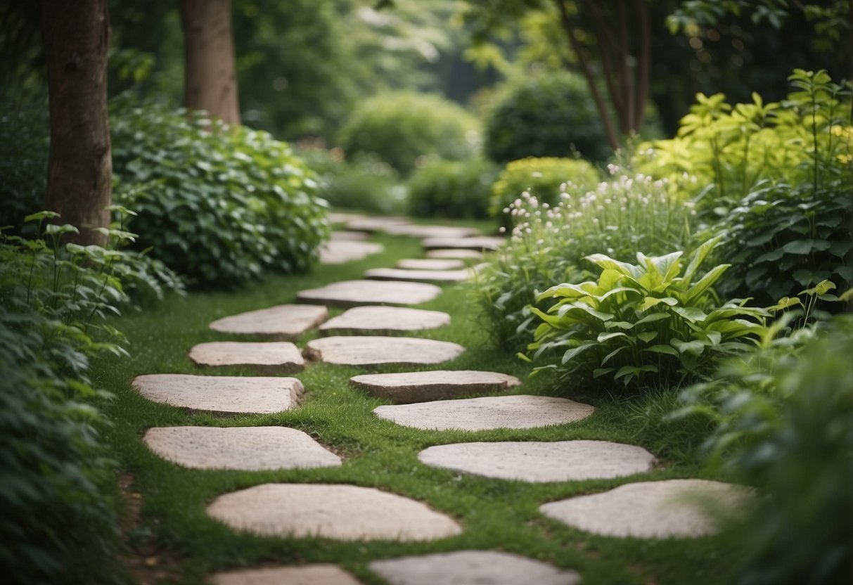 A winding garden path with stepping stones twisting through lush greenery