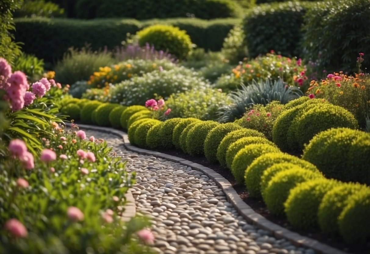 A pebble scallop path winds through a lush garden, bordered by vibrant flowers and neatly trimmed hedges