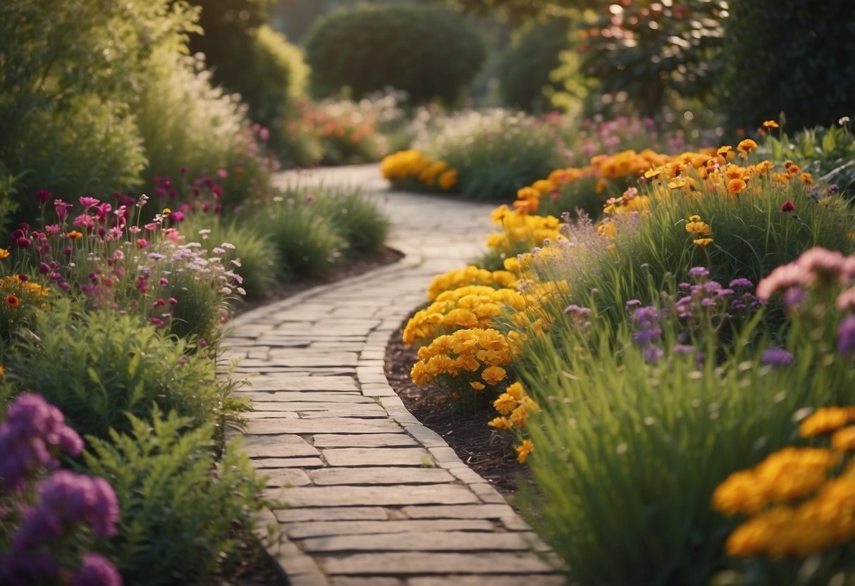 A winding garden path curves around colorful flower beds, leading to a cozy seating area. Tall, swaying grasses and vibrant blooms line the path, creating a sense of tranquility and natural beauty