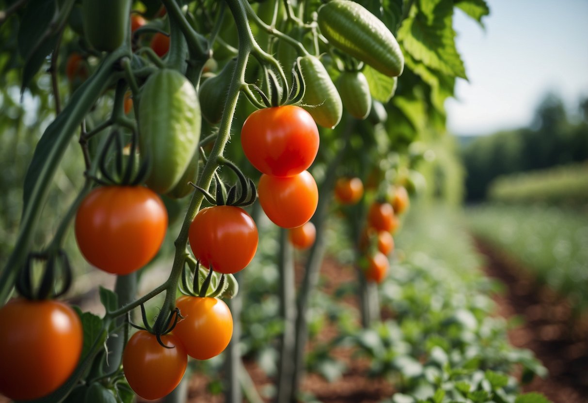 Lush garden with rows of ripe Roma tomatoes, vibrant green foliage, and aromatic herbs, ready for salsa making