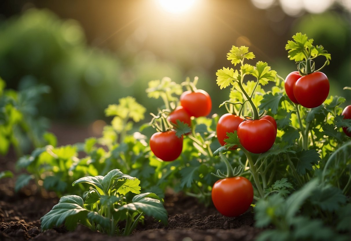 Lush green cilantro plants growing in a garden, surrounded by vibrant red tomatoes and colorful peppers. The sun shines overhead, casting a warm glow on the fresh, aromatic herbs