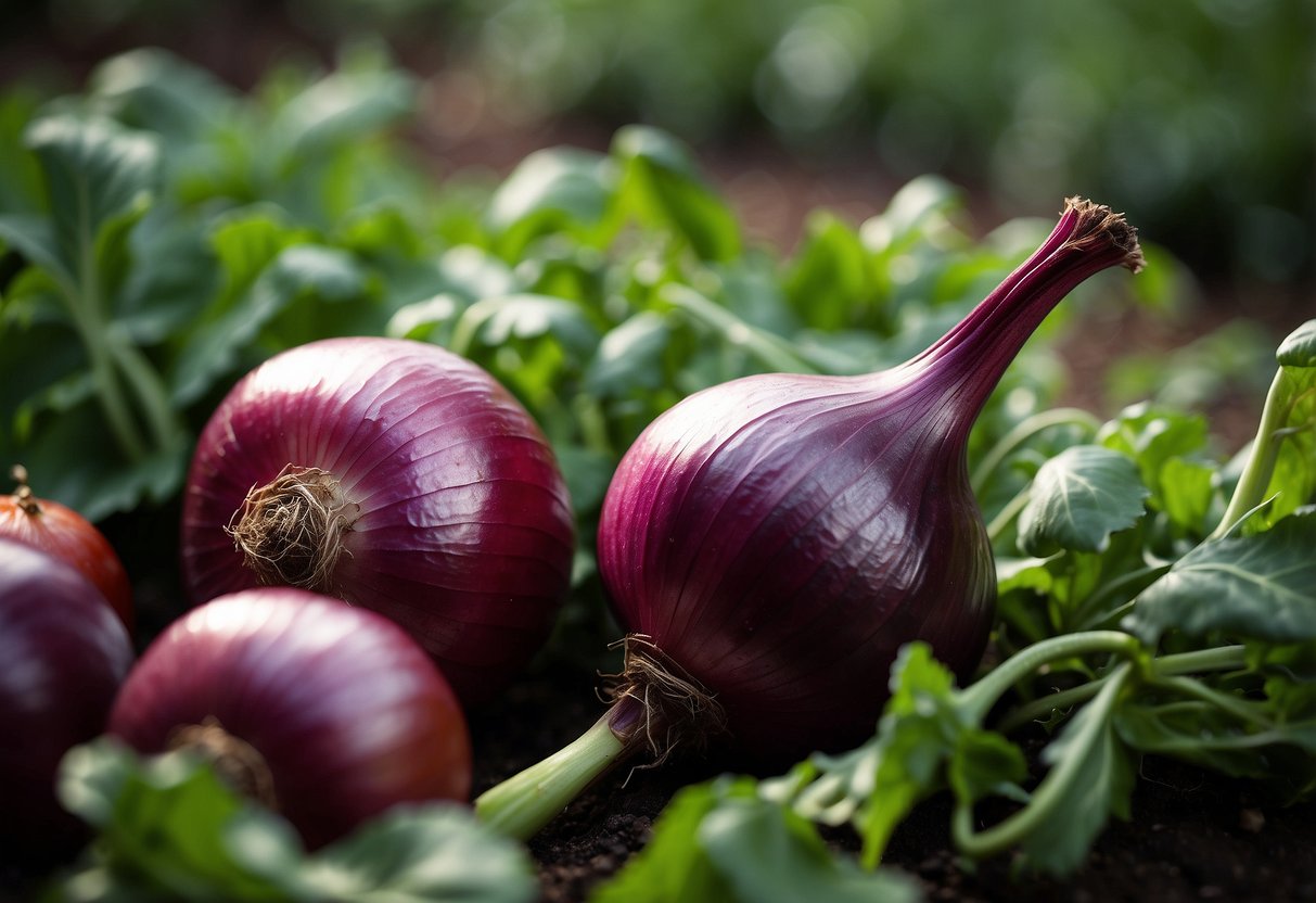 Vibrant red onions growing in a garden, surrounded by green salsa ingredients like tomatoes, cilantro, and peppers