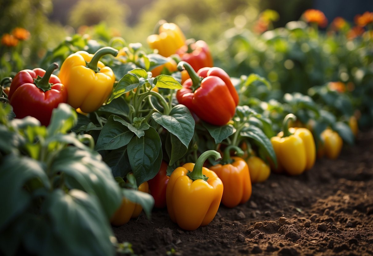 A vibrant garden with rows of 'California Wonder' bell peppers, surrounded by colorful flowers and herbs. The sun is shining, and butterflies are fluttering around the lush greenery