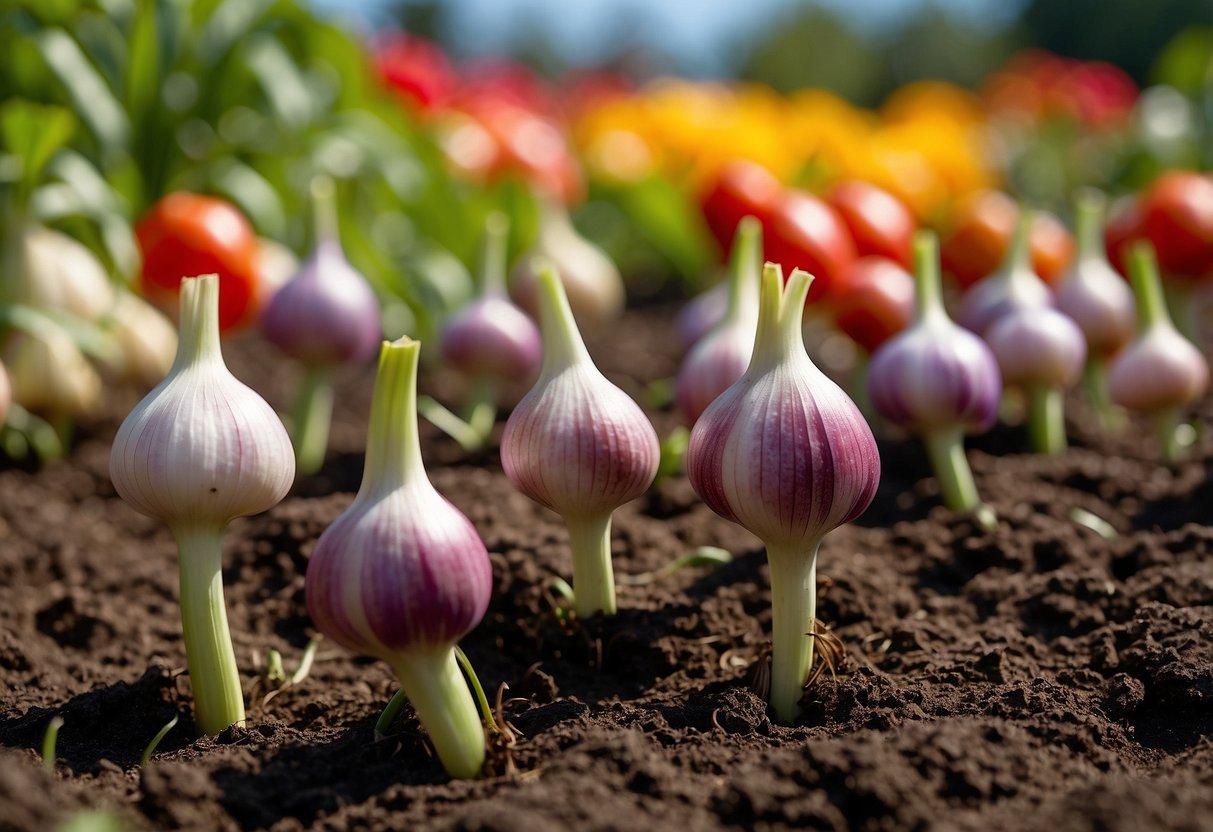 A vibrant garden with rows of 'Chesnok Red' garlic plants, surrounded by colorful salsa ingredients like tomatoes, peppers, and onions