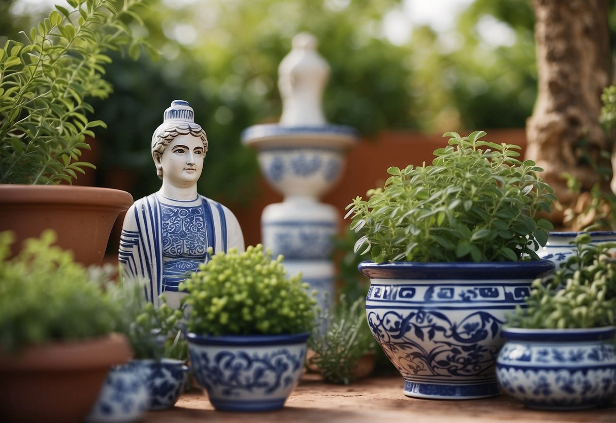 A lush garden with vibrant oregano plants surrounded by Greek-inspired decor and accents, such as blue and white pottery and Mediterranean-inspired statues