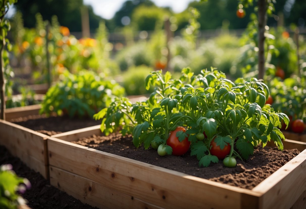 Lush green plants surround a neatly organized garden bed filled with vibrant tomatoes, peppers, onions, and cilantro. A trellis supports climbing vines of ripe, juicy tomatoes