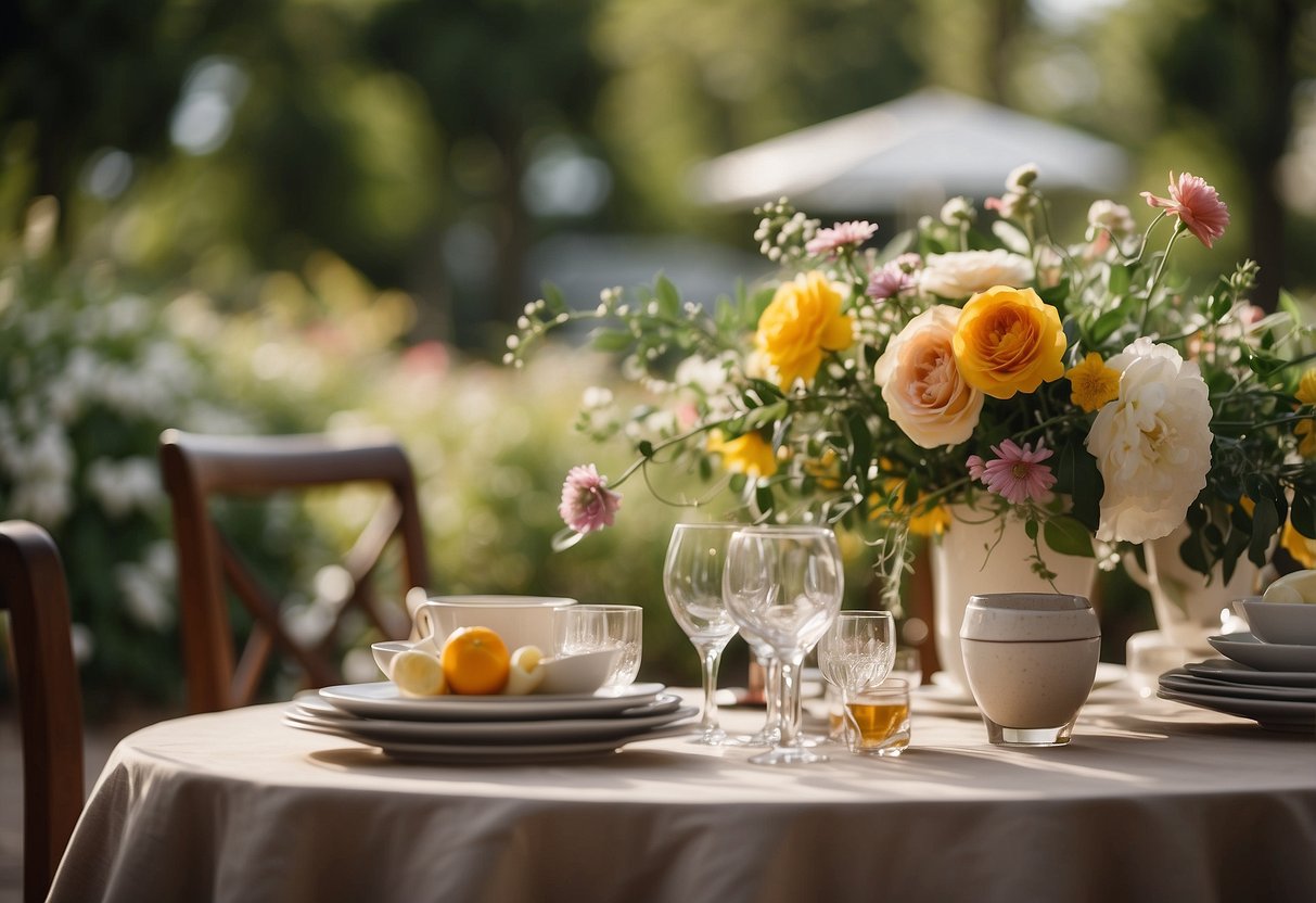 A garden table adorned with elegant floral arrangements in a variety of colors and sizes, creating a beautiful and inviting centerpiece