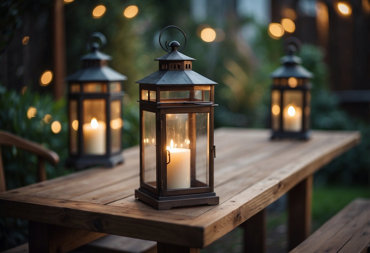 Rustic wooden lanterns adorn a garden table, creating a cozy and inviting centerpiece