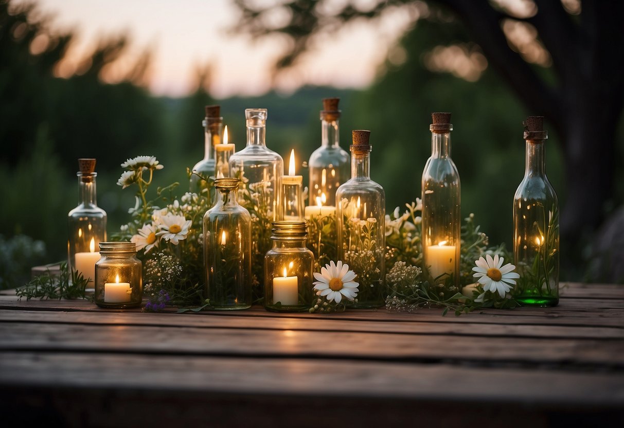 A rustic wooden table adorned with vintage glass bottles filled with wildflowers, surrounded by flickering candlelight and lush greenery