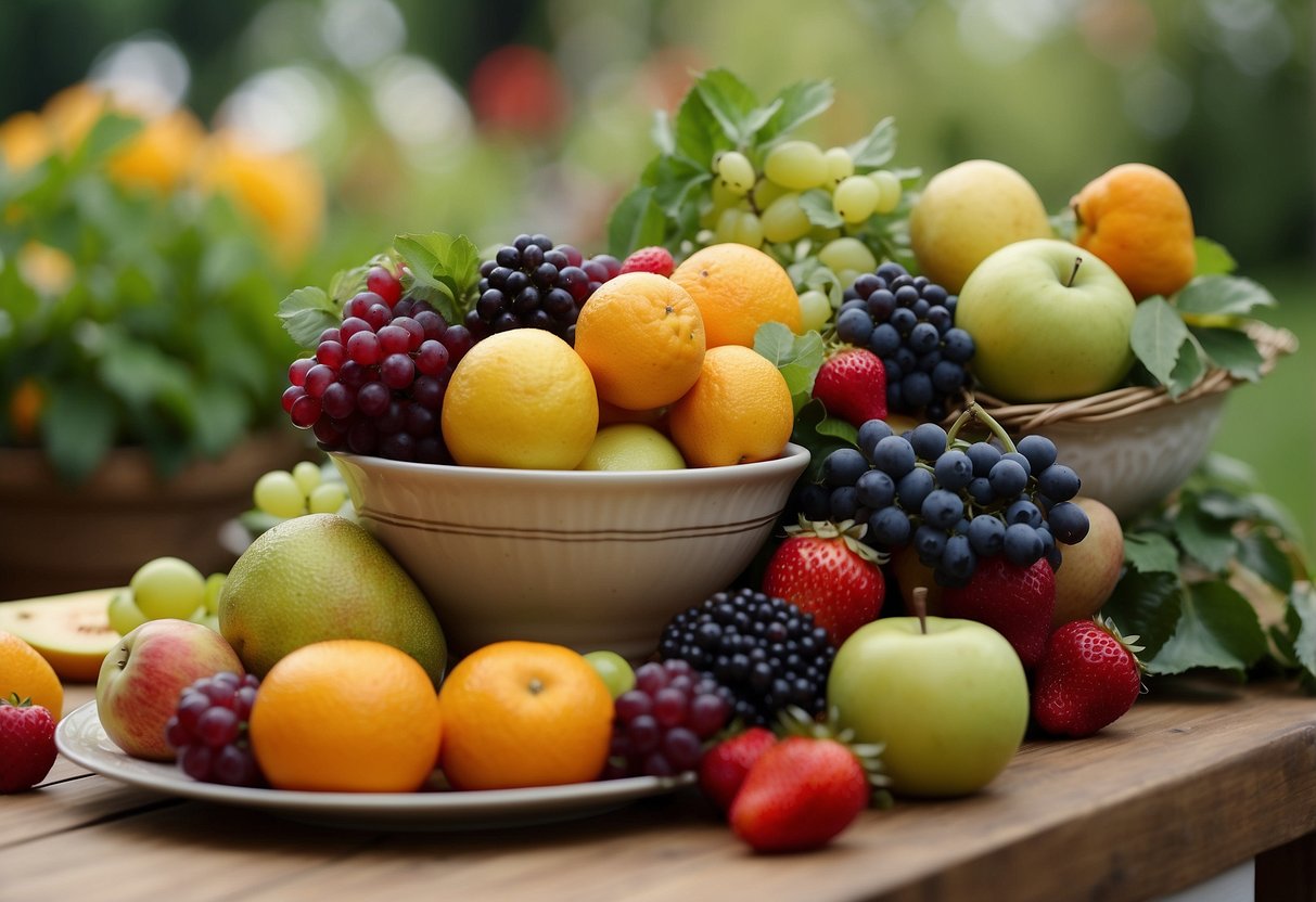 A garden table adorned with a colorful array of seasonal fruits, arranged in a decorative display