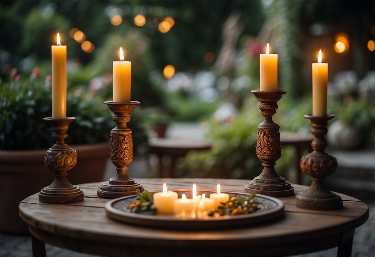 A garden table adorned with charming candlesticks in the center, casting a warm and inviting glow