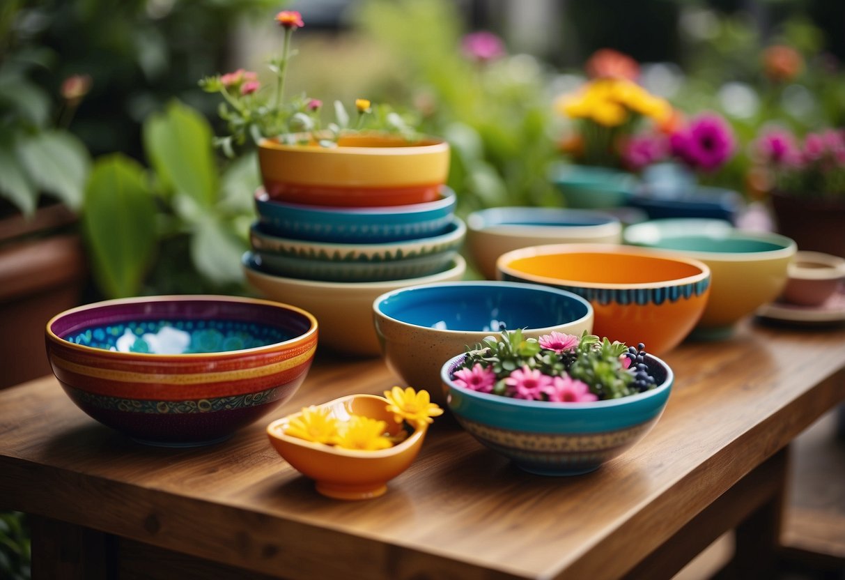 Vibrant ceramic bowls arranged on a garden table, filled with colorful flowers and greenery, creating a lively and eye-catching centerpiece