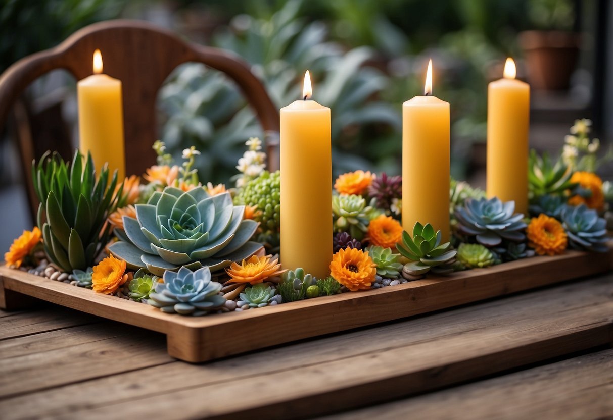 A wooden garden table with a rustic finish, adorned with a colorful array of fresh flowers, succulents, and decorative candles