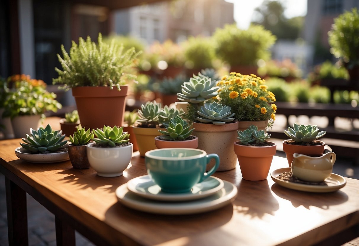 A table adorned with a colorful array of potted plants, succulents, and fresh flowers, surrounded by outdoor seating and bathed in warm sunlight