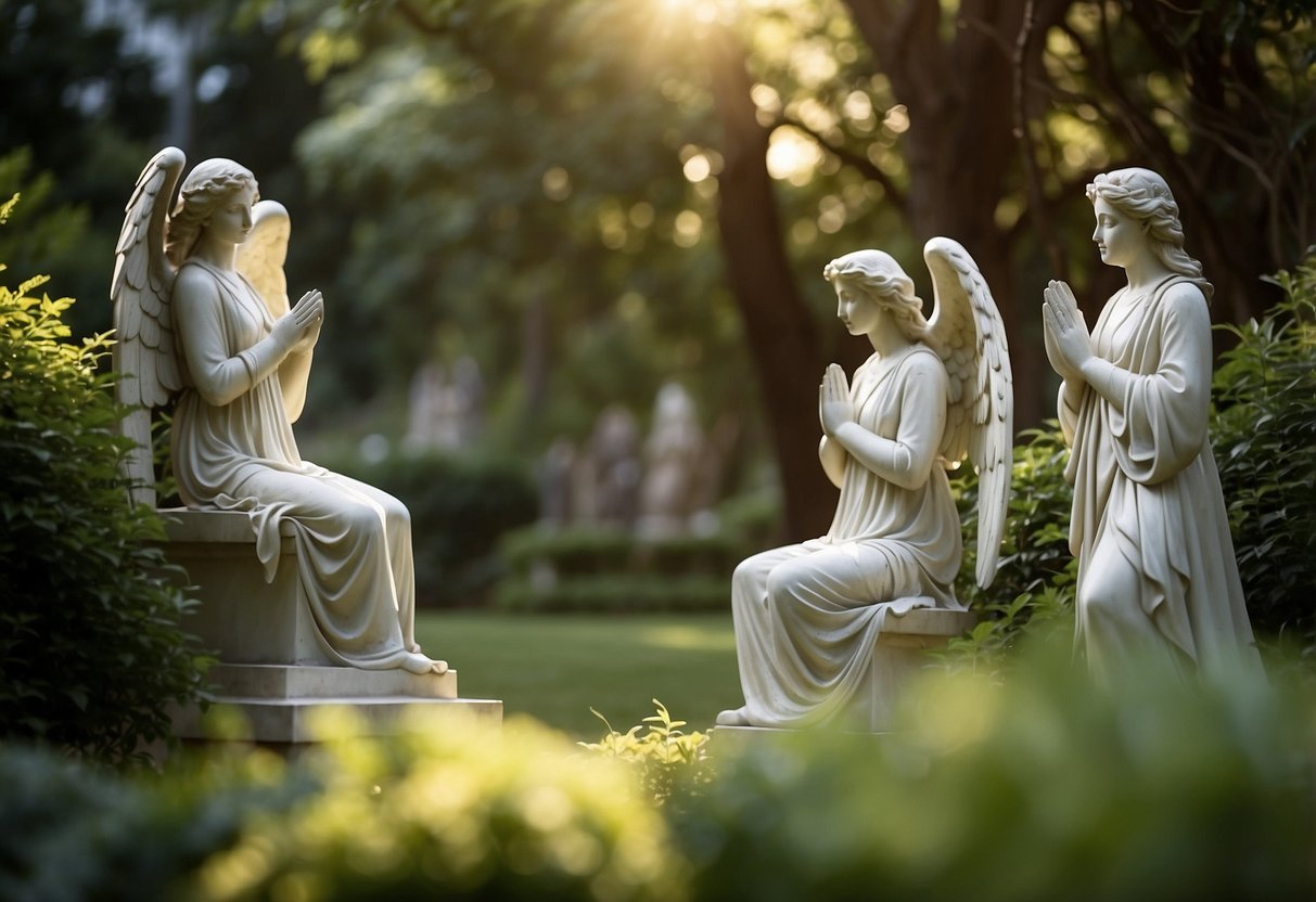 In a tranquil garden, angelic statues stand among lush greenery, their serene faces gazing heavenward. The soft glow of sunlight filters through the trees, casting a peaceful aura over the scene