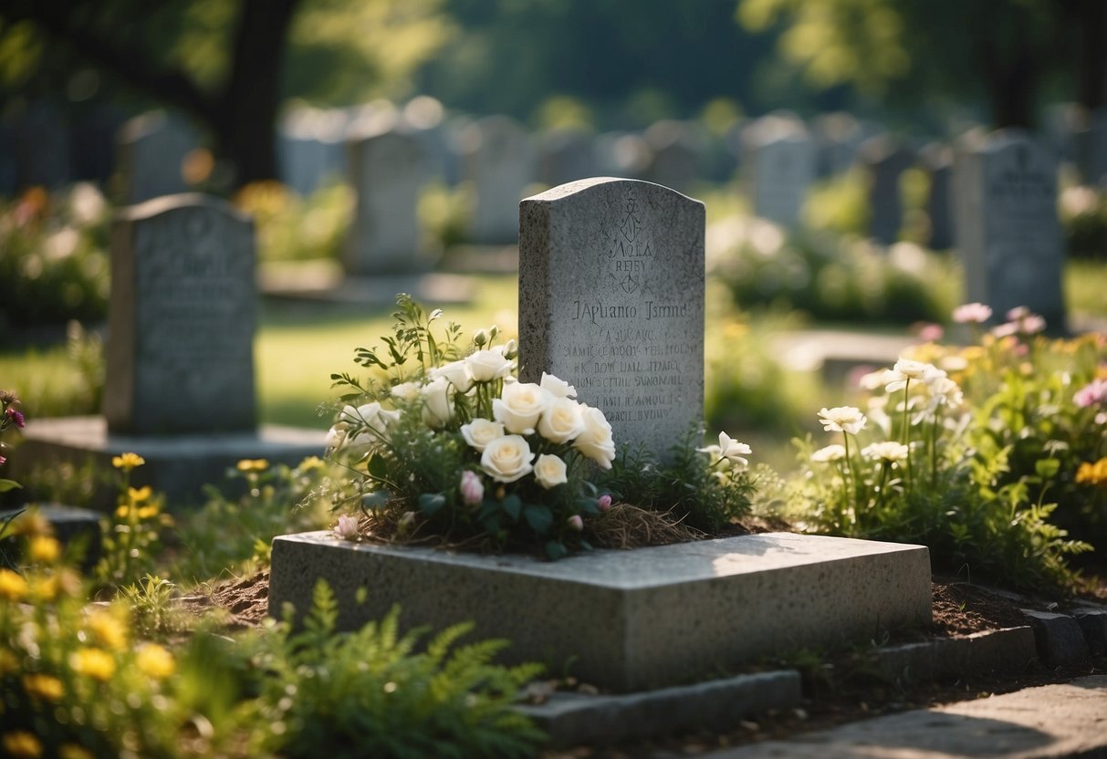 A tranquil cemetery garden with personalized memorial stones arranged in a peaceful and harmonious manner, surrounded by lush greenery and delicate flowers