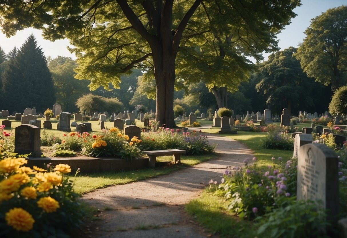 A serene cemetery garden with vibrant flowers, winding paths, and comforting benches under the shade of tall trees