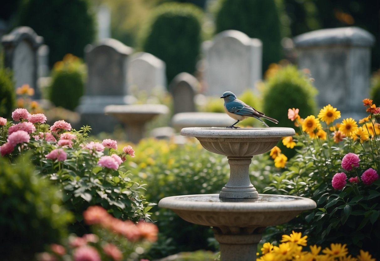 A serene cemetery garden with ornate bird baths surrounded by lush flowers and greenery