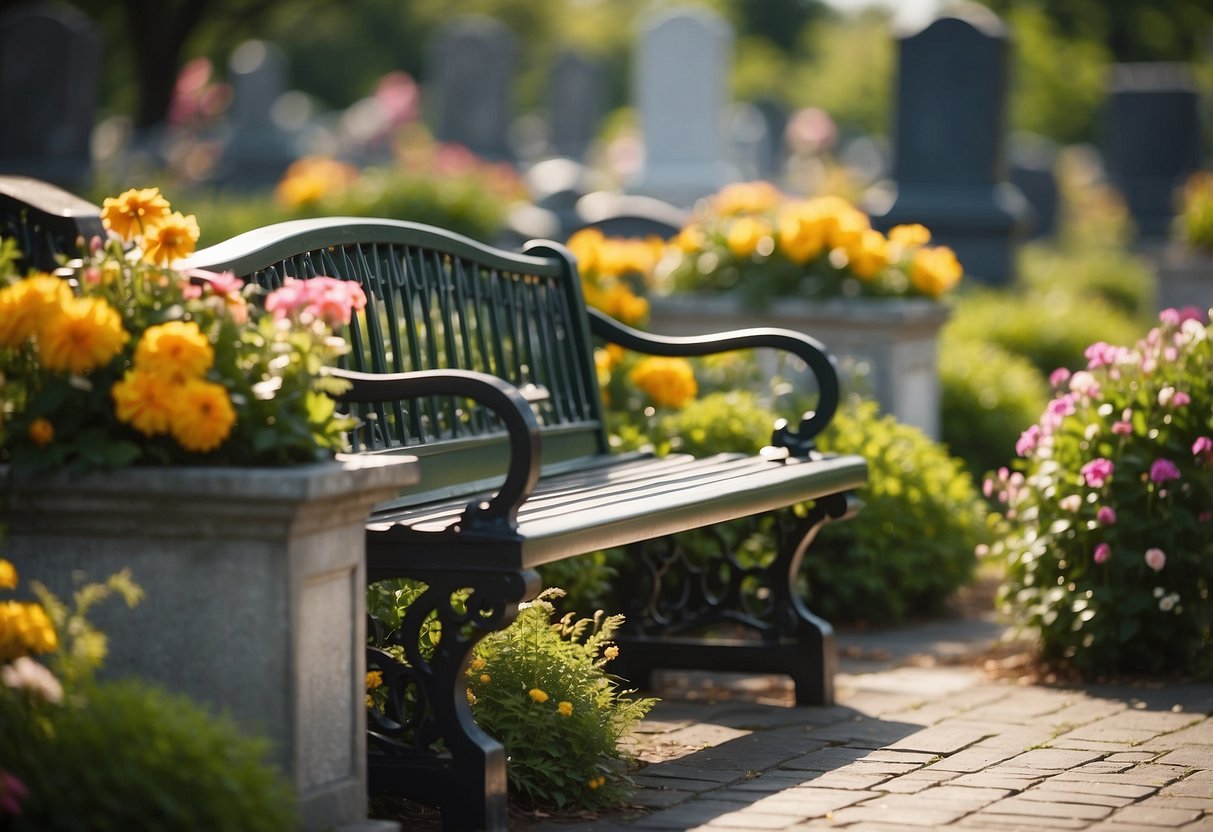 The peaceful cemetery garden is adorned with serene benches, surrounded by colorful flowers and lush greenery