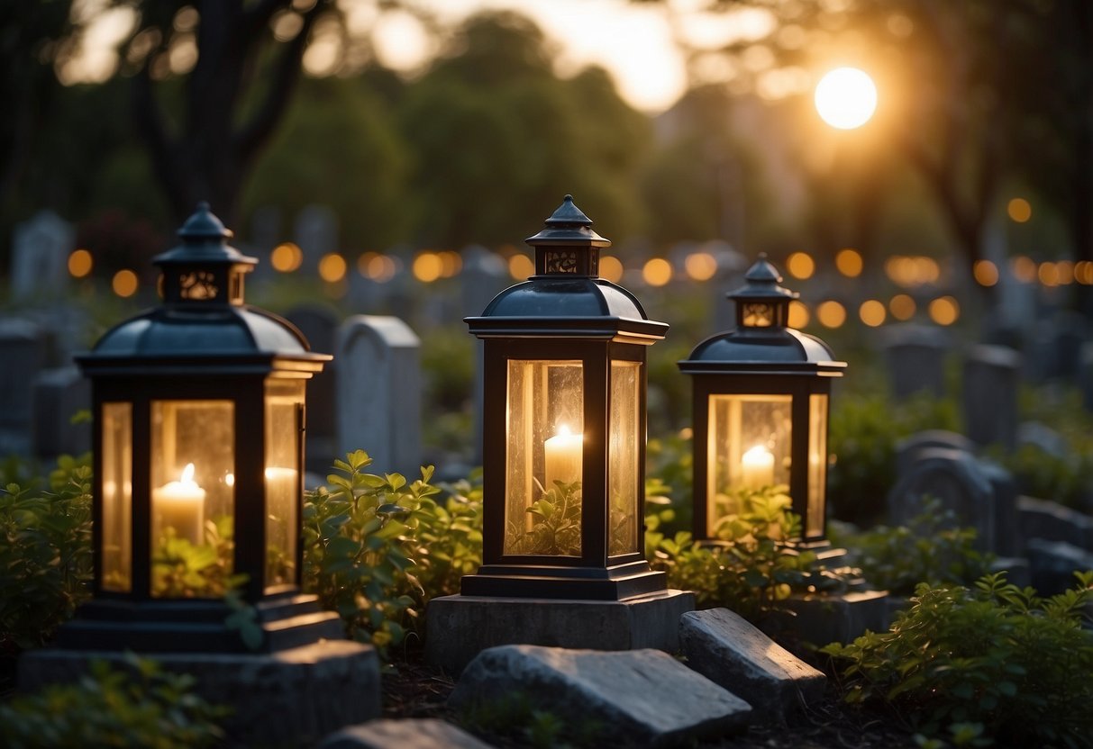 The cemetery garden is illuminated by solar-powered lanterns, casting a warm glow over the peaceful landscape