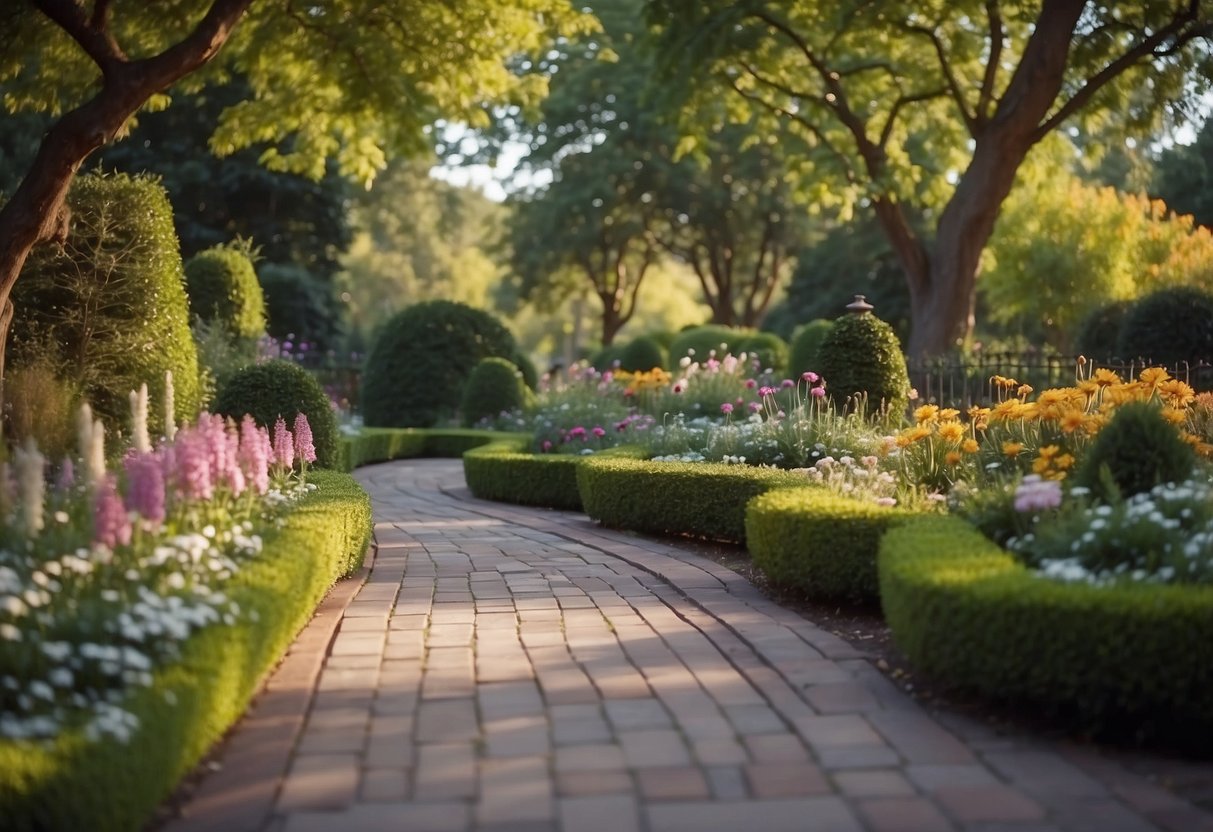 A peaceful garden with engraved plaques lined along winding pathways, surrounded by colorful flowers and serene trees