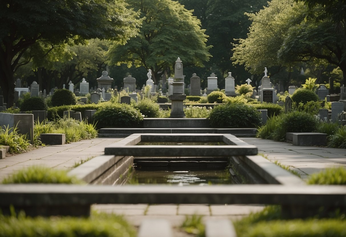 A serene cemetery garden with winding paths, lush greenery, and carefully placed benches for contemplation. A central focal point, such as a tranquil fountain or sculpture, provides a sense of peace and reflection