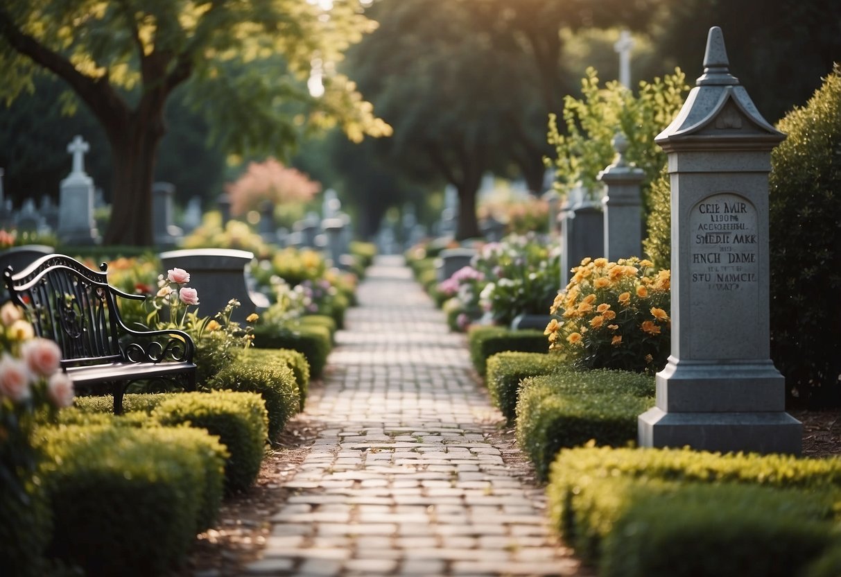 A serene cemetery garden with memorial features, including benches, flowers, and peaceful pathways