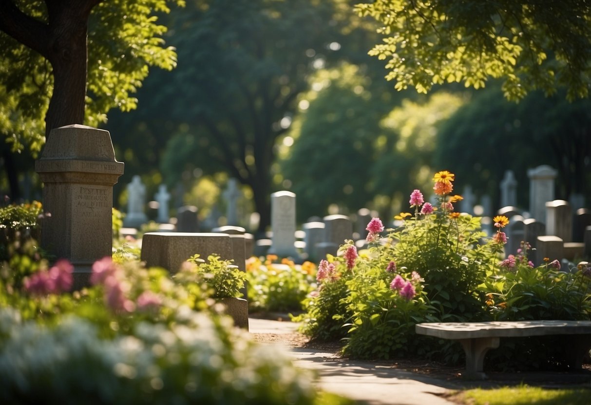 Lush greenery surrounds the cemetery, with colorful flowers and serene pathways. Trees provide shade and tranquility, while benches offer a place for contemplation. Bird feeders and butterfly bushes attract wildlife