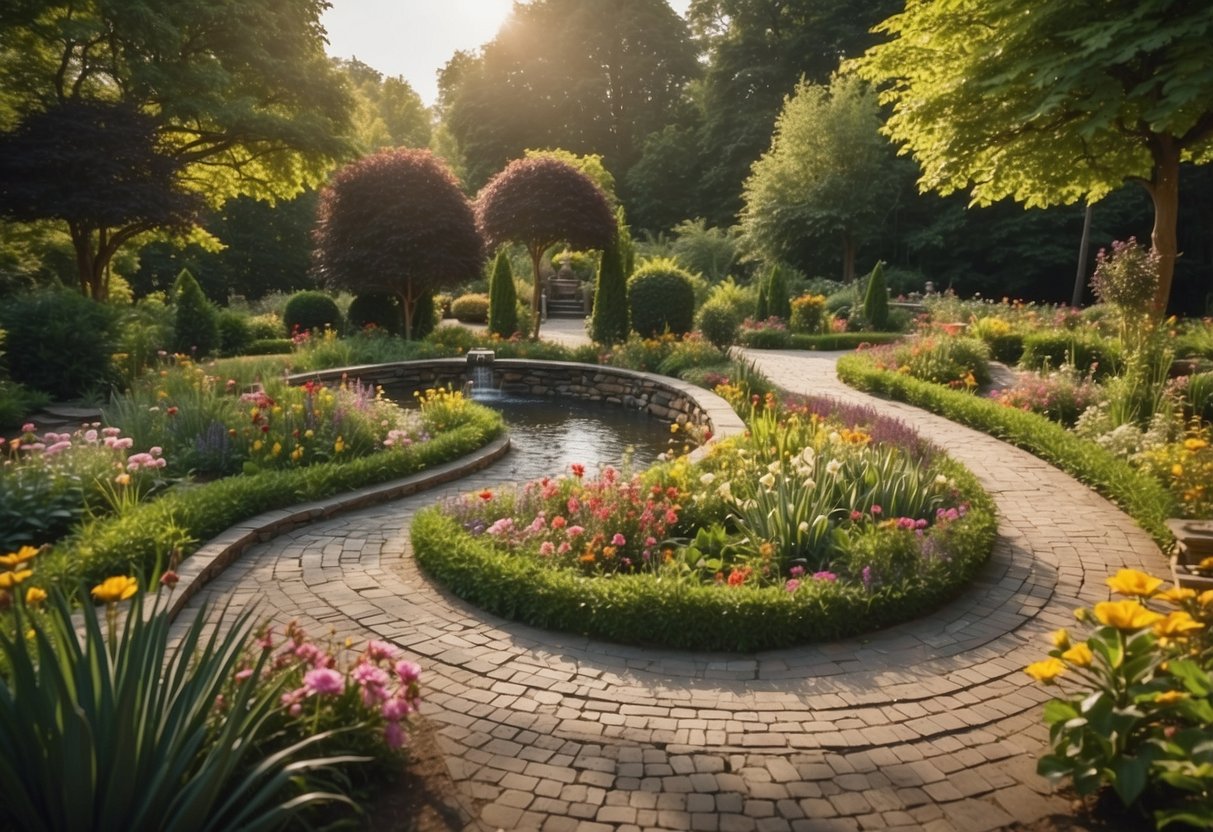 A semi-circle garden with a central focal point, featuring colorful flowers and lush greenery, surrounded by a winding path and a small water feature