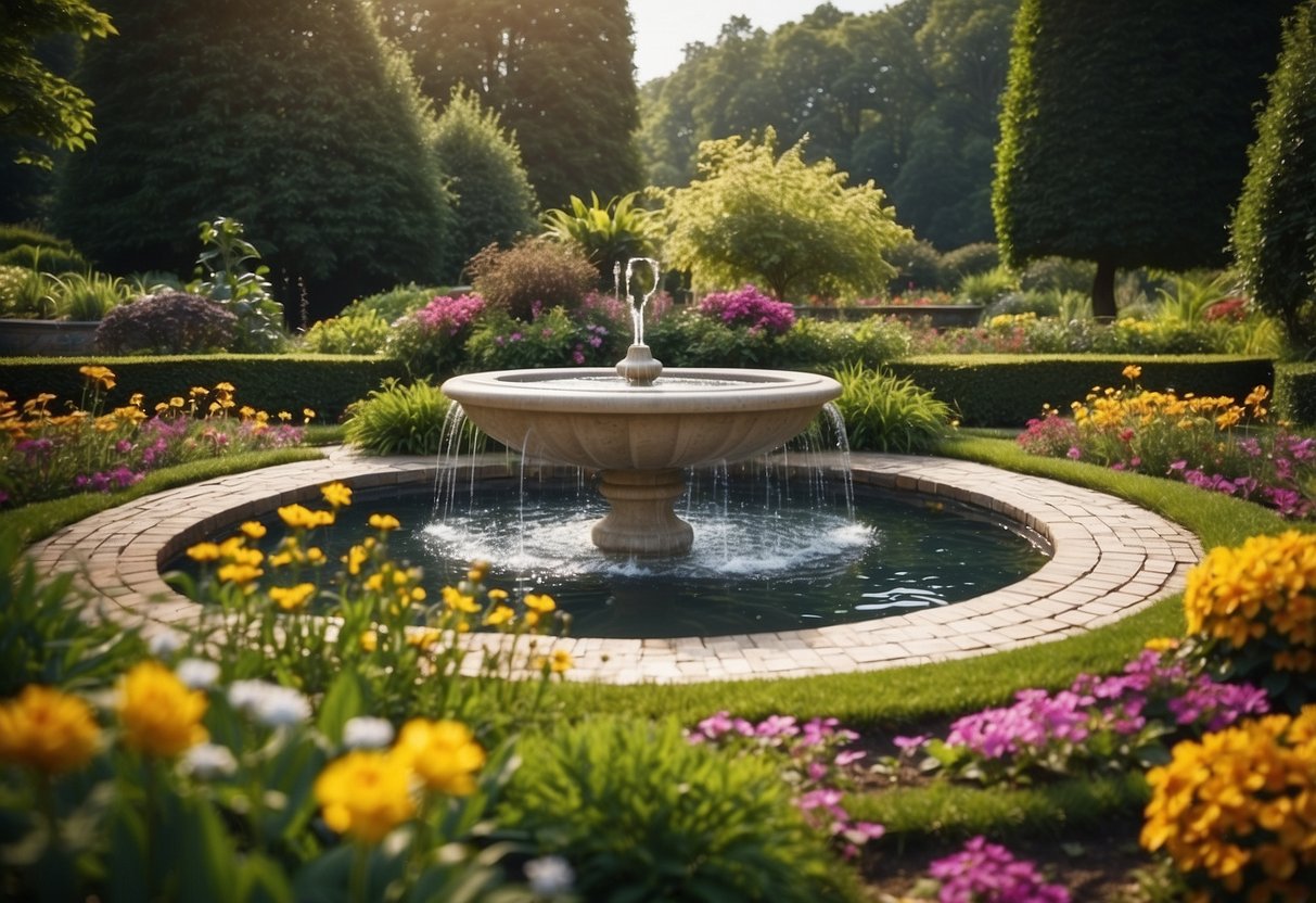 A semi-circle garden with a water feature installed, surrounded by lush greenery and colorful flowers