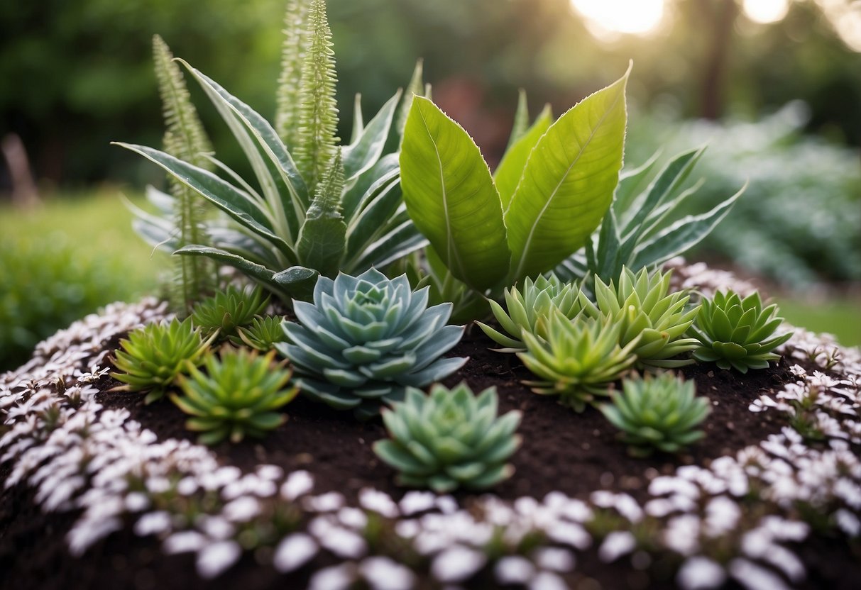 Various plants of varying heights arranged in a semi-circle garden design